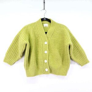 babaà No.22 Cardigan 100% Eco Wool Ribbed Knit Green Button Front Sweater